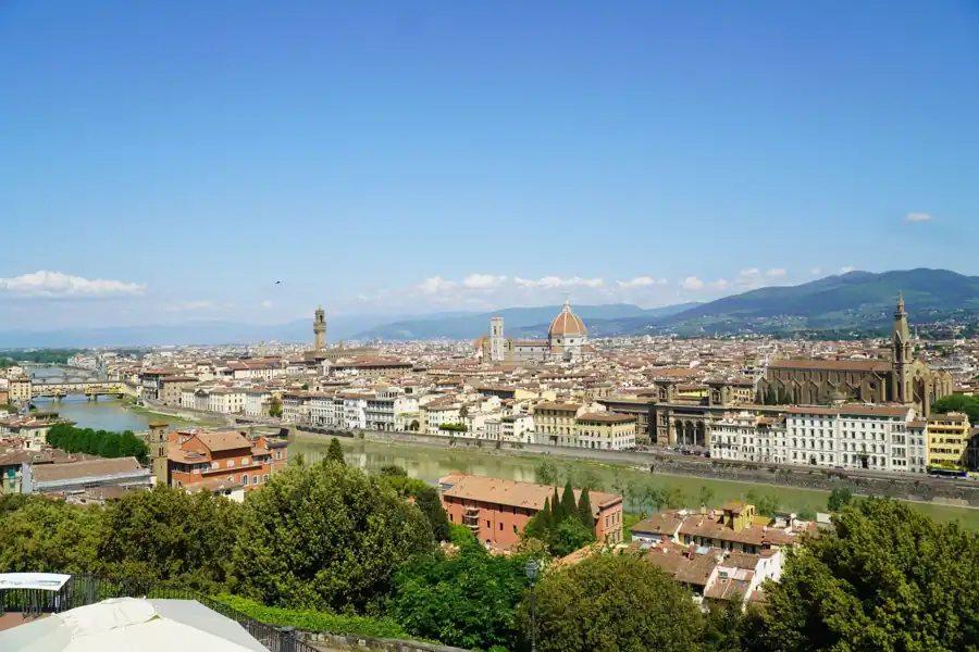 Panoramic view of Florence's iconic skyline featuring the Duomo in Tuscany, Italy, under a clear blue sky.